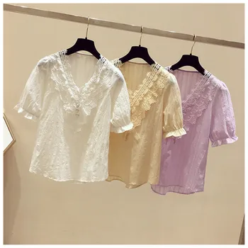 Nėrinių Viršūnės Moterų trumparankoviai marškinėliai 2020 m. Vasarą Naujų Pasakų V-kaklo Prarasti Baltos spalvos Marškinėlius Tuščiaviduriai Nerti Pearl geltona violetinė Viršų