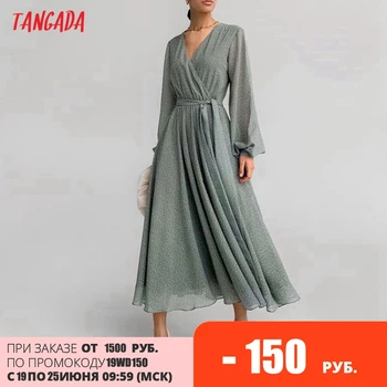 Tangada 2021 prancūzų Stiliaus Moteris Žaliųjų Taškų Spausdinti Marškinėliai Suknelė su Brūkšniu Derliaus ilgomis Rankovėmis Office Ponios Maxi Suknelė 5X62