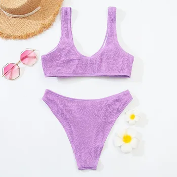 INGAGA Seksualus Bikini Ruched Maudymosi Žiedas Moterų maudymosi kostiumėlį Aukštos Sumažinti Biquini Push Up Maudymosi Kostiumą, 2021 M. Vasarą Violetinė Bikini Komplektas