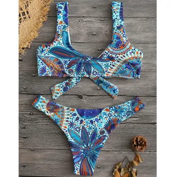 2021 Naujas Mazgas Gėlių Spausdinti Mažas Juosmens, Dviejų dalių, Bikini Nustatyti maudymosi kostiumėlį Moterų Moterų Paplūdimio Rankšluosčiai Bather Maudymosi Kostiumą #1G