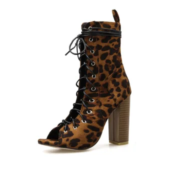 Moterų batai Pulko Nėrinių Aikštėje kulnas 10cm, Peep Toe leopard nėrinių Romos stambusis kulno sandalai didelių gabaritų aukšto kulno batai