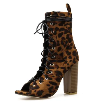 Moterų batai Pulko Nėrinių Aikštėje kulnas 10cm, Peep Toe leopard nėrinių Romos stambusis kulno sandalai didelių gabaritų aukšto kulno batai