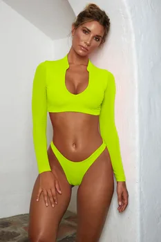 Ilgas Rankovėmis Akių Bikini Komplektas Fluorescencinė Žalia Padalinta maudymosi kostiumėlį Dviejų dalių Vasaros Komplektai Moterų maudymosi Kostiumėliai, Maudymosi Kostiumą 2021