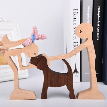 Medinės Šunų Amatų Statula Šuniukas Šeimos Mielas Miniatiūros Žmonių Ir Šunų Namuose Decoratio Lentelė Figurin Puošimas Ornamentais Perro de madera