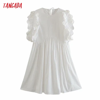 Tangada 2021 Moterų Derliaus Balta Suknelė Raukiniai Trumpas Rankovės Ponios Mini Suknelė 6P54