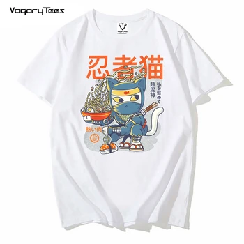 Japonų suši Katė stiliaus Vyrų T Shirts Ninja Neko Spausdinti Vyrų Marškinėlius Negabaritinių Drabužius, O-Kaklo unisex streetwear viršuje tee