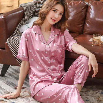 Thoshine Prekės ženklą Kinijos Šilko Satino Pižama rinkiniai Viršūnes & Kelnės Moterims Spausdinti naktiniai drabužiai Atsitiktinis Namų Drabužių Sleepwear Mygtukais Uždarymui