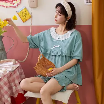 Korėjos Princesė Stiliaus Pižama Moterims Vasaros Kawaii Nėrinių Pynimas Pižamos Mielas Lankas Pijamas Minkštas Sleepwear Rinkiniai 2Piece Namų Kostiumas