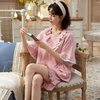 Korėjos Princesė Stiliaus Pižama Moterims Vasaros Kawaii Nėrinių Pynimas Pižamos Mielas Lankas Pijamas Minkštas Sleepwear Rinkiniai 2Piece Namų Kostiumas