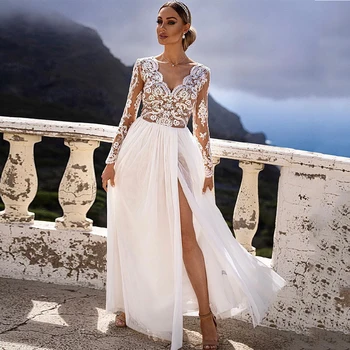 Šifono Paplūdimys Vestuvių Suknelė, permatomas Chalatas De Mariage Užsakymą Moterų Ilgas Rankovėmis ir Giliai V Kaklo Aplikacijos Linija, Aukštos Ritininės