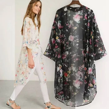 Moterų Atsitiktinis Derliaus Kimono Megztinis Ponios 2020 M. Vasarą Ilgai Nėrimo Šifono Kimono Preto Prarasti Floros Spausdinti Palaidinė Viršūnes Juoda