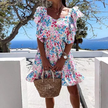 Mados Vasaros Gėlių Spausdinti Holiday Beach Suknelė 2021 Sexy Tie-Iki Backless Šalis Suknelė Moterims Pynimas Drugelis Rankovės Mini Suknelė