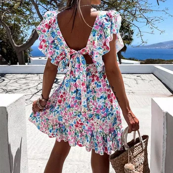 Mados Vasaros Gėlių Spausdinti Holiday Beach Suknelė 2021 Sexy Tie-Iki Backless Šalis Suknelė Moterims Pynimas Drugelis Rankovės Mini Suknelė