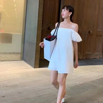 Korėjos 2021 Naujas Moterų Medvilnės Atsitiktinis Off-Pečių Vasaros Spageti Dirželis Trumpas 3 Spalvos Suknelė Ponios Puff Rankovėmis Atostogų Suknelės