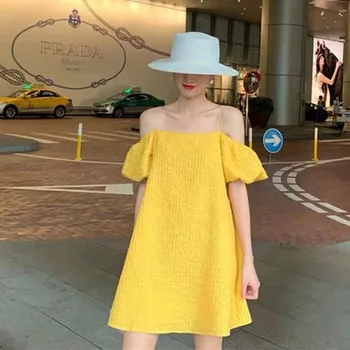 Korėjos 2021 Naujas Moterų Medvilnės Atsitiktinis Off-Pečių Vasaros Spageti Dirželis Trumpas 3 Spalvos Suknelė Ponios Puff Rankovėmis Atostogų Suknelės