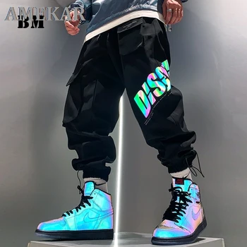 Korėjos Hip-Hop Atspindintis Raidžių Haremas Pants Plus Size Baggy Poilsiu Vyrų Drabužių Streetwear Kpop Atsitiktinis Negabaritinių Krovinių Kelnės