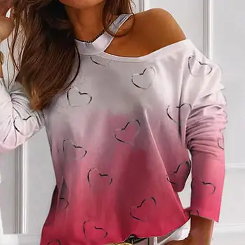 Pavasarį Moterys marškinėliai ilgomis Rankovėmis Apynasrio marškinėliai Širdies Atspausdinti Vieną Petį Gradiento Spalvos marškinėliai Street dėvėti moteriški Drabužiai