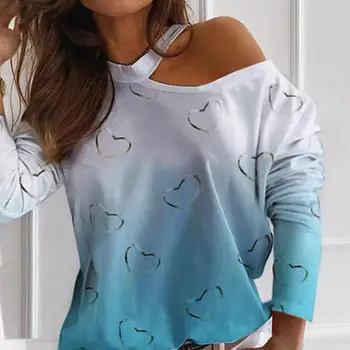 Pavasarį Moterys marškinėliai ilgomis Rankovėmis Apynasrio marškinėliai Širdies Atspausdinti Vieną Petį Gradiento Spalvos marškinėliai Street dėvėti moteriški Drabužiai