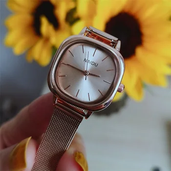 Rose Aukso Moterų Mados Laikrodžiai Minimalistinių Kvadratinių Ponios Laikrodžiai Paprasta Nerūdijančio Plieno Tinklelio, Dirželis Moteris Kvarcinis Laikrodis