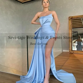 Sevintage Sky Blue Undinė Ilgai Prom Dresses Seksualus Aukštos Ritininės Vakare Chalatai Užsakymą Klostes Moterų Formalų Specialios Šalis Suknelė