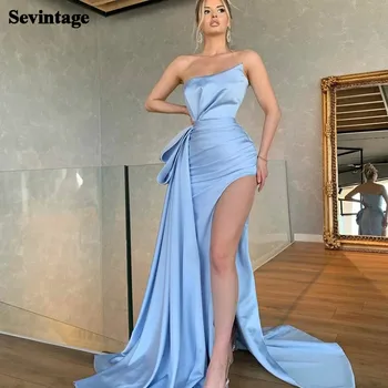 Sevintage Sky Blue Undinė Ilgai Prom Dresses Seksualus Aukštos Ritininės Vakare Chalatai Užsakymą Klostes Moterų Formalų Specialios Šalis Suknelė