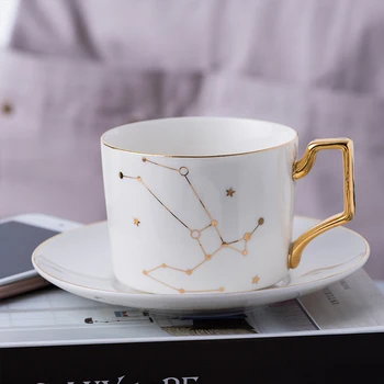 Wourmth 12Constellations Kavos puodelio Lėkštė Balta Ir Aukso Kaulų Kinijos Porceliano patys puodeliai Su Nerūdijančio Plieno Šaukštas Zodiako Taurė