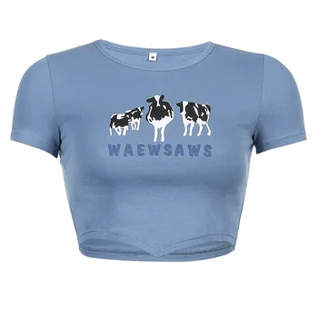 Inscutee Harajuku Y2k Kūdikių Trišakiai Moterų Derliaus Streetwear Karvių Atspausdintas Trumpas Rankovės Pasėlių Tee Viršūnes Emo Alternatyva, 2000, T-shirt