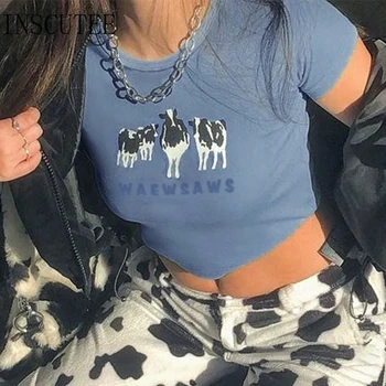 Inscutee Harajuku Y2k Kūdikių Trišakiai Moterų Derliaus Streetwear Karvių Atspausdintas Trumpas Rankovės Pasėlių Tee Viršūnes Emo Alternatyva, 2000, T-shirt