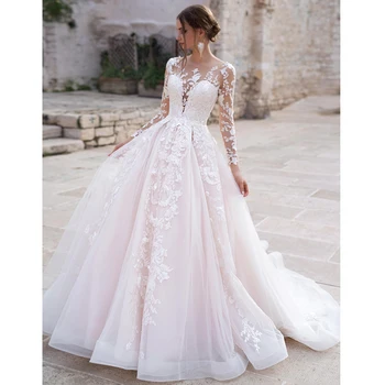 Romantiška Nėrinių Linija Vestuvių Suknelė Iki 2021 M. Ilgomis Rankovėmis Appliques V Kaklo Nuotakos Mariage Baltos Nuotakos Suknelės Vestido De Noiva