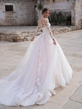 Romantiška Nėrinių Linija Vestuvių Suknelė Iki 2021 M. Ilgomis Rankovėmis Appliques V Kaklo Nuotakos Mariage Baltos Nuotakos Suknelės Vestido De Noiva