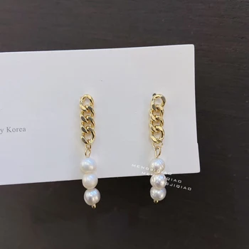 MENGJIQIAO Japonijos korėjiečių Elegantiškas Gėlavandenių Perlų Lašas Auskarai Moterų Mados Metalo Grandinės Pendientes Oorbellen Papuošalai