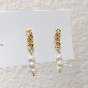 MENGJIQIAO Japonijos korėjiečių Elegantiškas Gėlavandenių Perlų Lašas Auskarai Moterų Mados Metalo Grandinės Pendientes Oorbellen Papuošalai