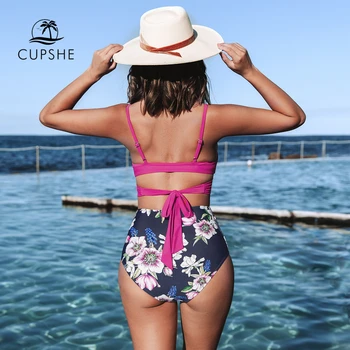 CUPSHE Push Up Rožių Gėlių Aukšto Juosmens Bikini Rinkiniai maudymosi kostiumėlis Moterims Seksualus Nėriniai-Up Dviejų dalių maudymosi Kostiumėliai, 2021 Paplūdimio Maudymosi Kostiumai