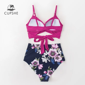 CUPSHE Push Up Rožių Gėlių Aukšto Juosmens Bikini Rinkiniai maudymosi kostiumėlis Moterims Seksualus Nėriniai-Up Dviejų dalių maudymosi Kostiumėliai, 2021 Paplūdimio Maudymosi Kostiumai