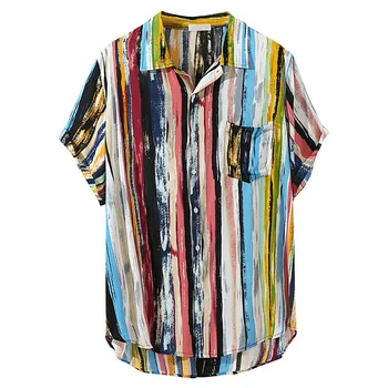 2021 Atsitiktinis Palaidų Havajų Shirt Mens Spalvinga Vertikaliai Dryžuotas Geometrijos Trumpas Rankovės Marškinėliai Vyrams korėjos Drabužių Plius Dydis 4XL
