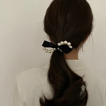 AOMU korėjos Pearl Black Pliušinis Bowknot Lankas Plaukų Virvę Paprastas, Saldus, Elegantiškas Nereguliarus Gumos Juosta Moterų Plaukų Aksesuarai