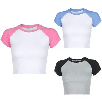 Moterys Vasarą Trumpas Raglan Rankovėmis T-Shirt Kontrasto Spalvų Briaunoti Megztiniai Pasėlių Viršuje Įgulos Kaklo Bodycon Tinka Harajuku Streetwear