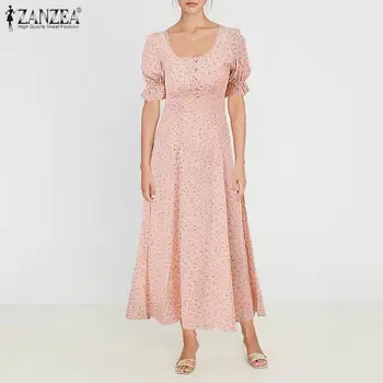 Moterų Behemian Suknelė ZANZEA 2021 m. Vasaros Gėlių Spausdinti Maxi Vestidos Atsitiktinis Sluoksniuotos Rankovėmis Ilgai Sundress Ponios Šaliai, Skraistės