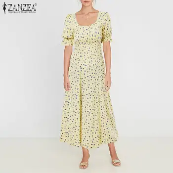 Moterų Behemian Suknelė ZANZEA 2021 m. Vasaros Gėlių Spausdinti Maxi Vestidos Atsitiktinis Sluoksniuotos Rankovėmis Ilgai Sundress Ponios Šaliai, Skraistės