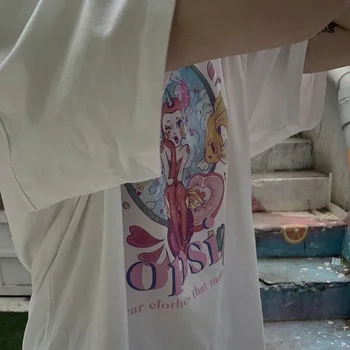 NAUJĄ Atsitiktinis Harajuku Juokinga Vasarą Cartoon Print T-shirt korėjos Mados Negabaritinių Tee Hipsters Grunge Stiliaus Top Marškinėliai T-shirts