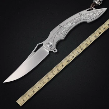 M390 sulankstomas peilis su titano lydinio rankena EDC lauko išgyvenimo kempingas taktinis savigynos peilis su odiniu dėklu