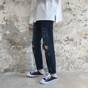 2021 Naujų Didelių Skylę Vyrus Kankina Džinsai Korėjos Stiliaus Hip-Hop Vyriškos Kelnės Atsitiktinis Palaidų Streetwear Moterų Mados Džinsus