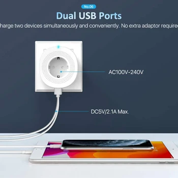 TUYA Smart Plug ES Standartas Su Dvigubu USB 10A AC100 - 240V WiFi Nešiojamų Smart Home Lizdas Paramos Alexa 