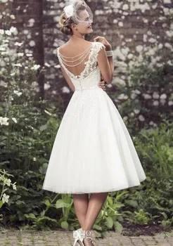 2021 Elegantiškas Plius Dydis Arbata-Ilgis Vestuvių Suknelės V Kaklo Bžūp Rankovėmis Appliques Tiulio Nėrinių Trumpa Vestuvinė Suknelė, Vestidos de Novia