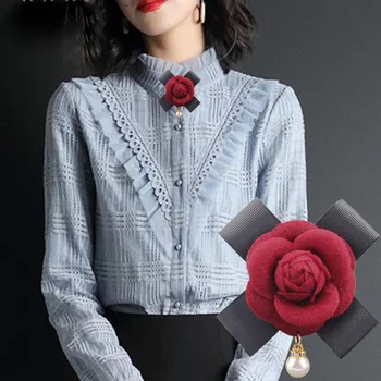 Korėjos Medžiaga Rožių Gėlių Camellia Perlas Dideli peteliškę Sages Moterims Neckpin Bowtie Marškinėliai Suknelė Apykaklės Pin Aksesuarai Dovanos