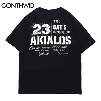 GONTHWID Tshirts Harajuku Grafiti Animacinių filmų Katės Raidžių Medvilnės Tees Marškinėliai Hip-Hop Mados Atsitiktinis Streetwear T-Shirts Prarasti Viršūnės