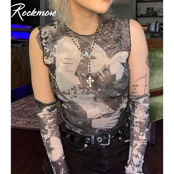 Rockmore Goth MOTERIŠKI Marškinėliai Su Arm Pirštines Moteris Derliaus Spausdinimo Pasėlių Viršuje Berankoviai Marškinėliai y2k Streetwear Tee Vasarą Moteris