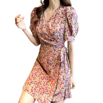 4XL Harajuku Moterų Suknelė V Kaklo Gėlių Spausdinti Poliesteris-line Mini Streetwear Sundresses Moterų Vasaros Suknelė Vestidos