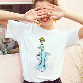 Disney Princesė Spausdinti Vasaros Marškinėlius Animacinių Filmų Moterų Marškinėliai Atsitiktinis Palaidų Moterų Tee Viršūnes Harajuku Streetwear Dropship