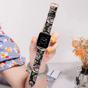 Dizainas Gėlių Odinis Dirželis, Apple Watch Band Serijos 6 SE 5 4 3 2 Gėlių Spausdinti Originali Apyrankė IWatch 42/44mm 38/40mm